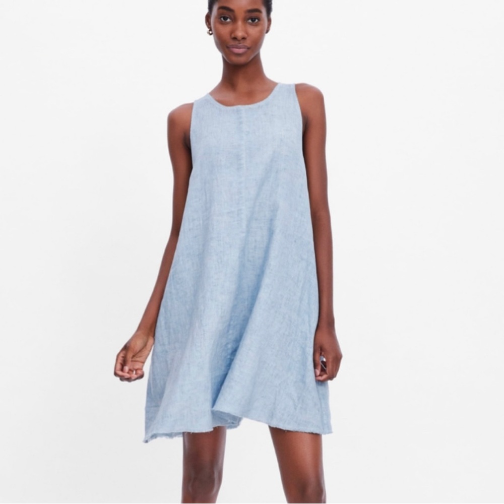 Zara Linen Light Blue Raw Hem A-Line Dress in XS